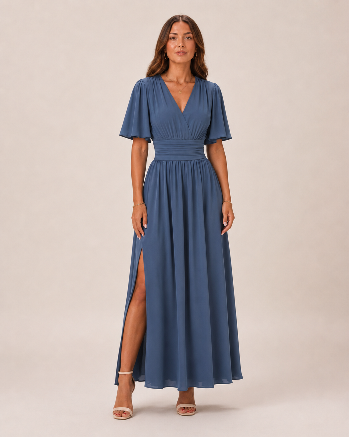 Bente - Blauwe Maxi-jurk Met Hoge Taille En A-lijn Rok