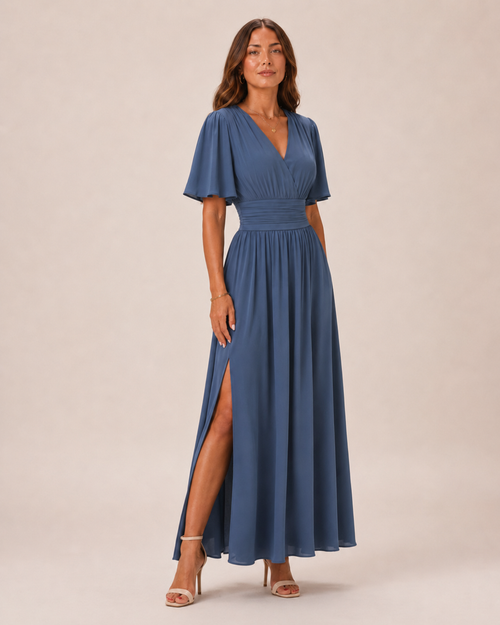 Bente - Blauwe Maxi-jurk Met Hoge Taille En A-lijn Rok