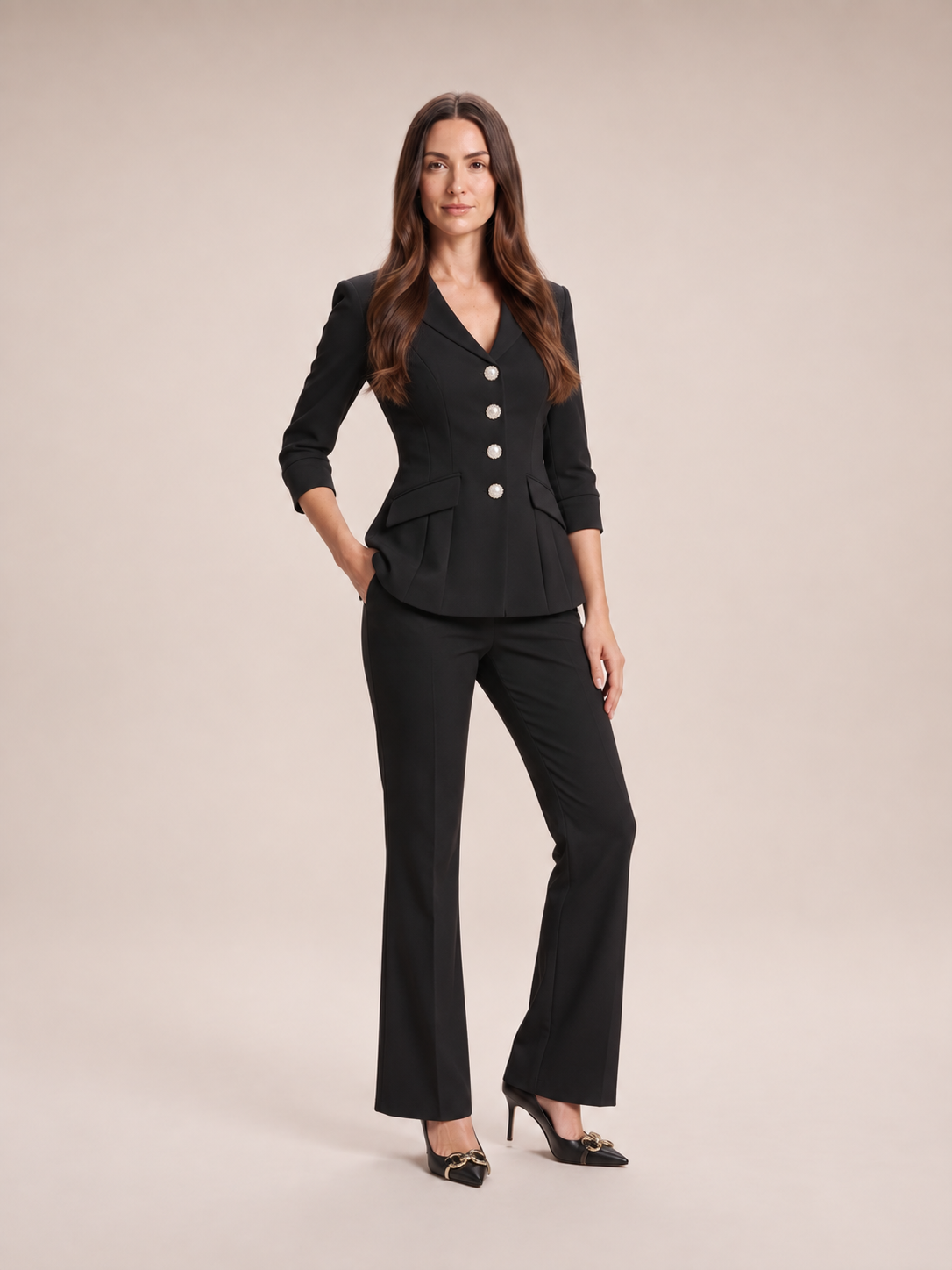 Liset - Dames blazer met flared broek, tweedelige set met kristalknopen