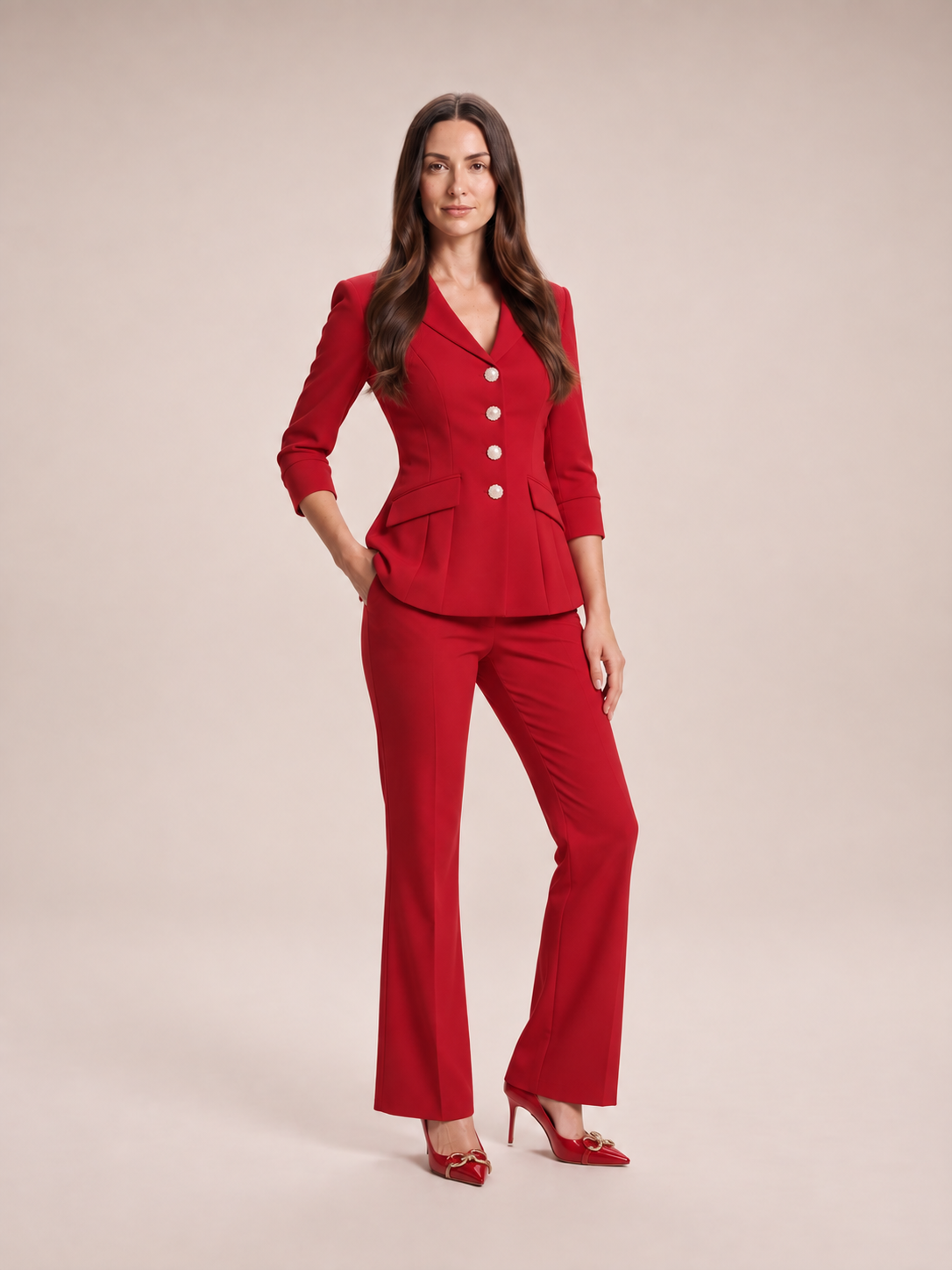 Liset - Dames blazer met flared broek, tweedelige set met kristalknopen