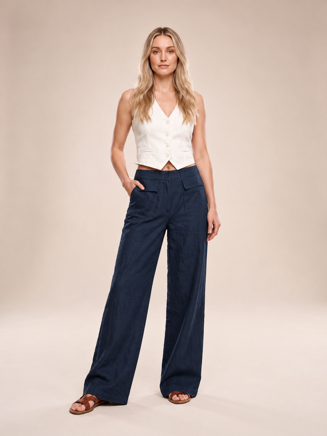 Verena - Dames broek met wijde pijpen, hoge taille en zakken