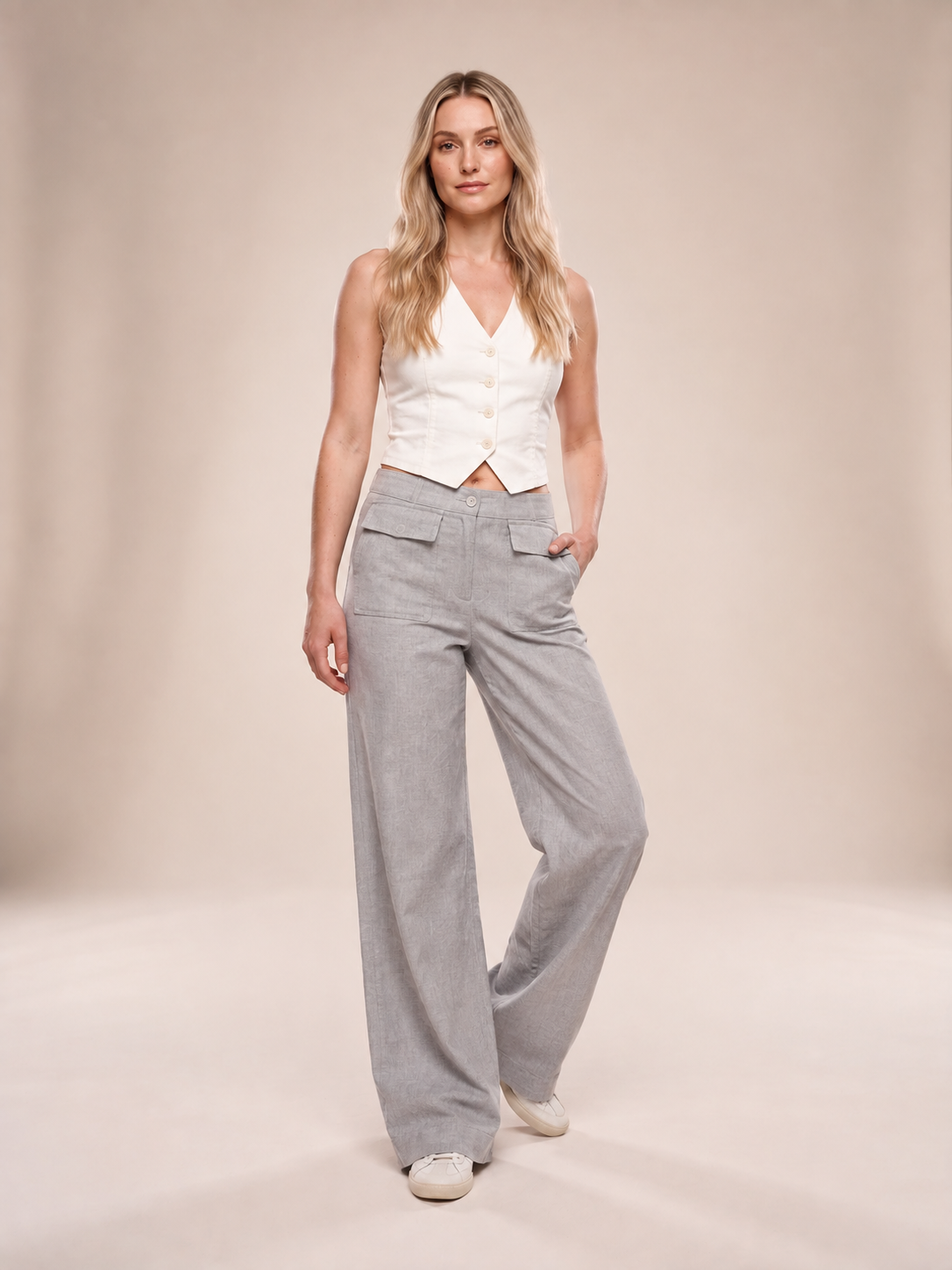 Verena - Dames broek met wijde pijpen, hoge taille en zakken