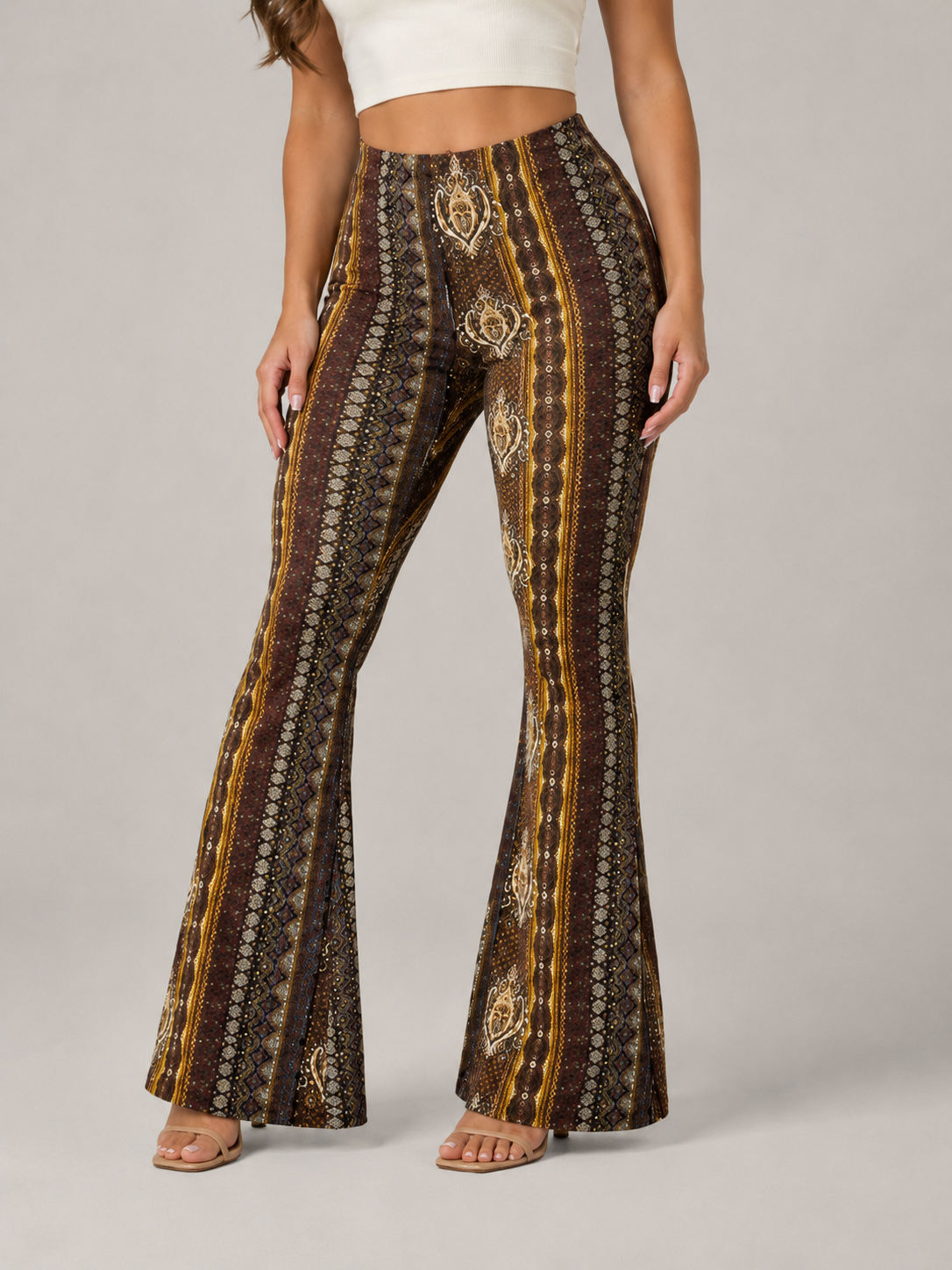 Qadence - Flared broek met sierlijke print en lage taille