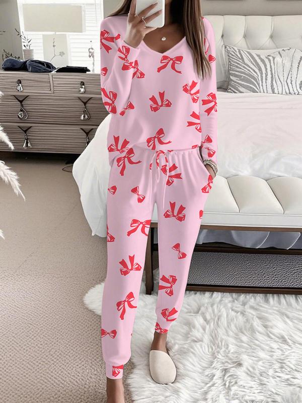 HALLIE™ - Strikprint V-Hals Lange Mouwen Top & Tailleband Broek Set