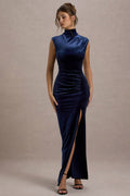 Abilene | Marine Velours Hoge Hals Split Maxi Jurk