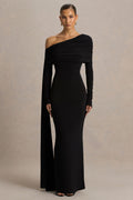 Octavia | Zwarte Bardot Hals Maxi Jurk Met Gerimpeld Details en Cape