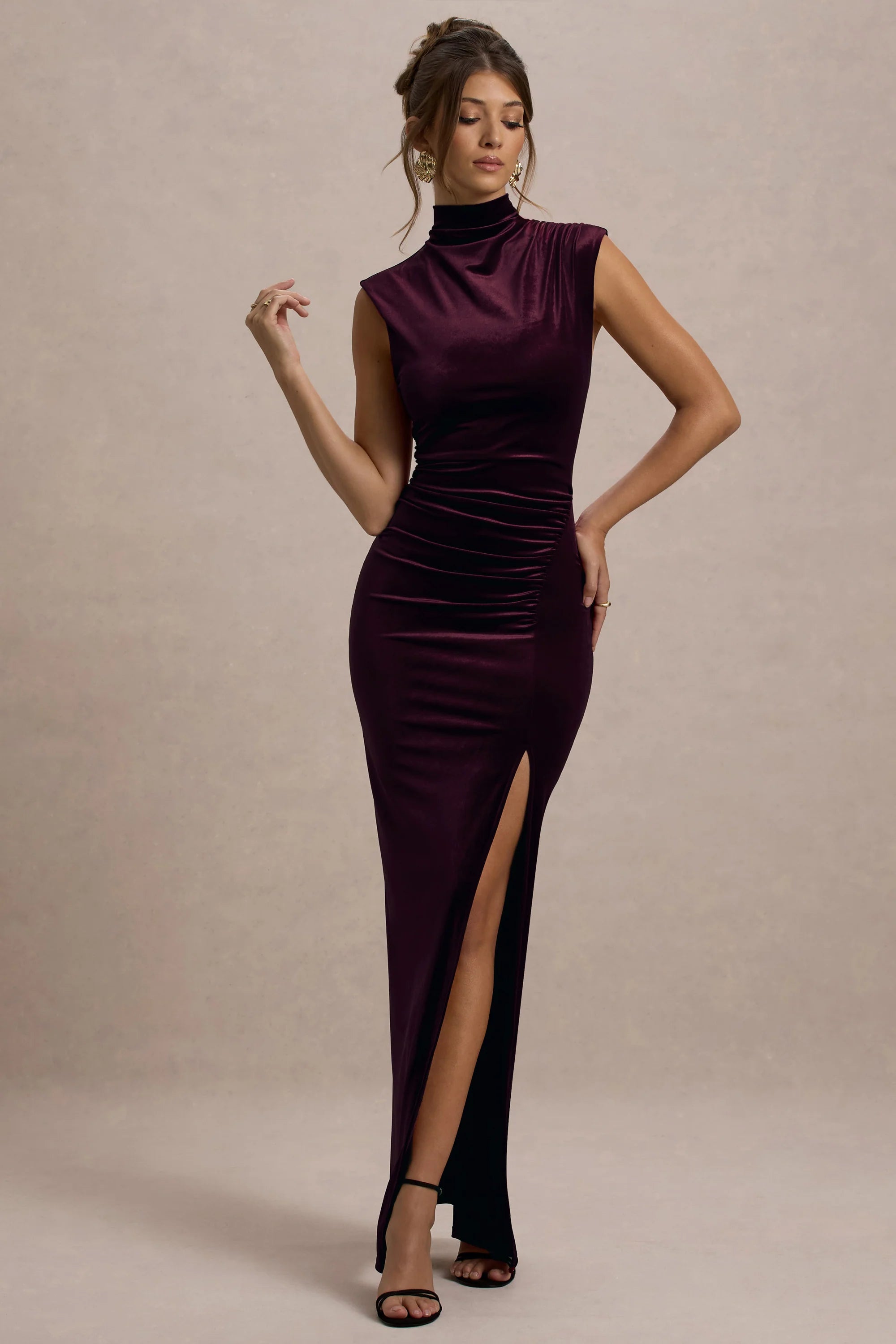 Abilene | Marine Velours Hoge Hals Split Maxi Jurk