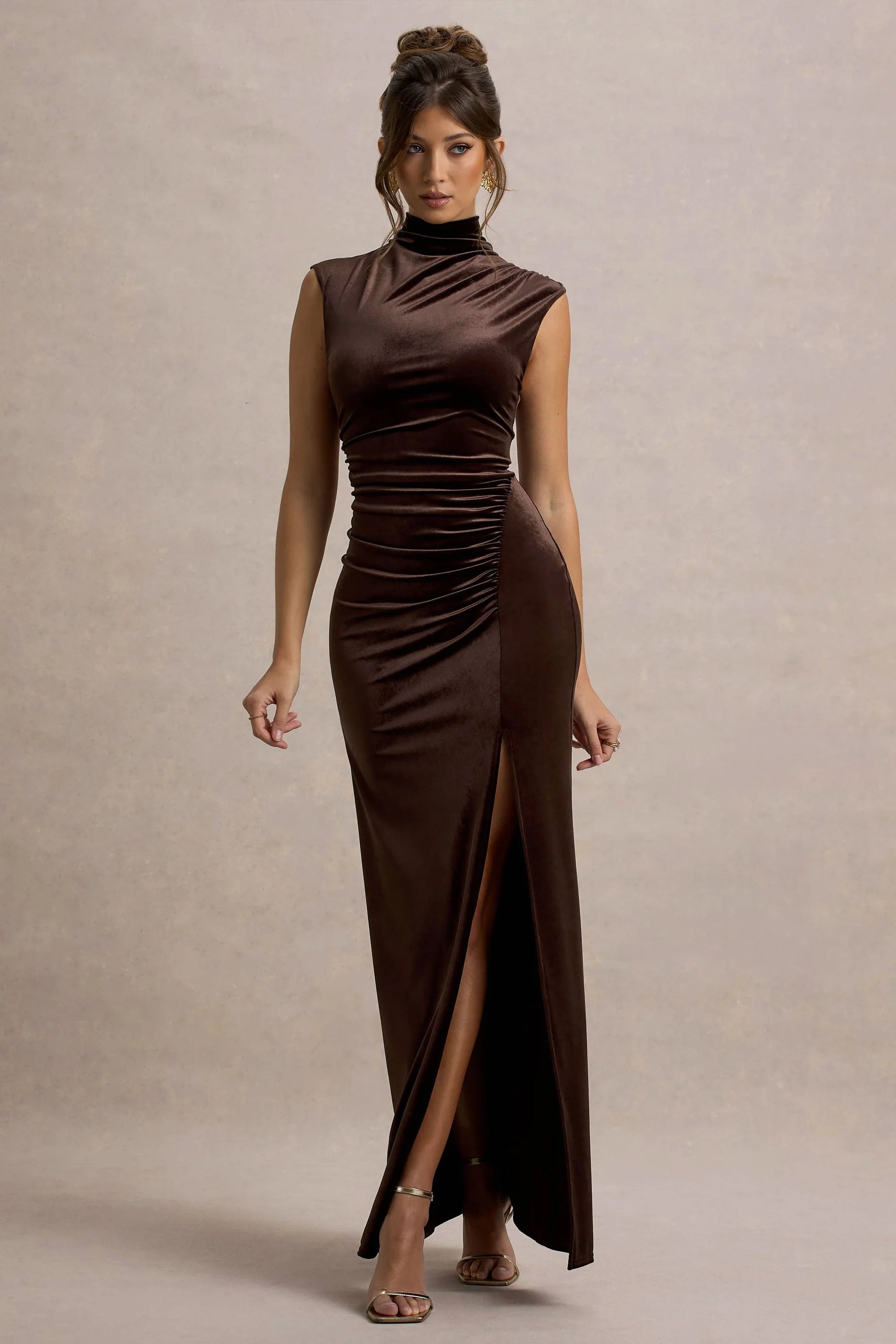 Abilene | Marine Velours Hoge Hals Split Maxi Jurk