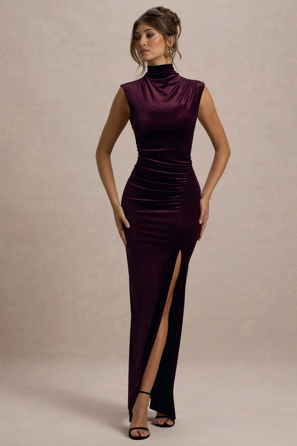 Abilene | Marine Velours Hoge Hals Split Maxi Jurk