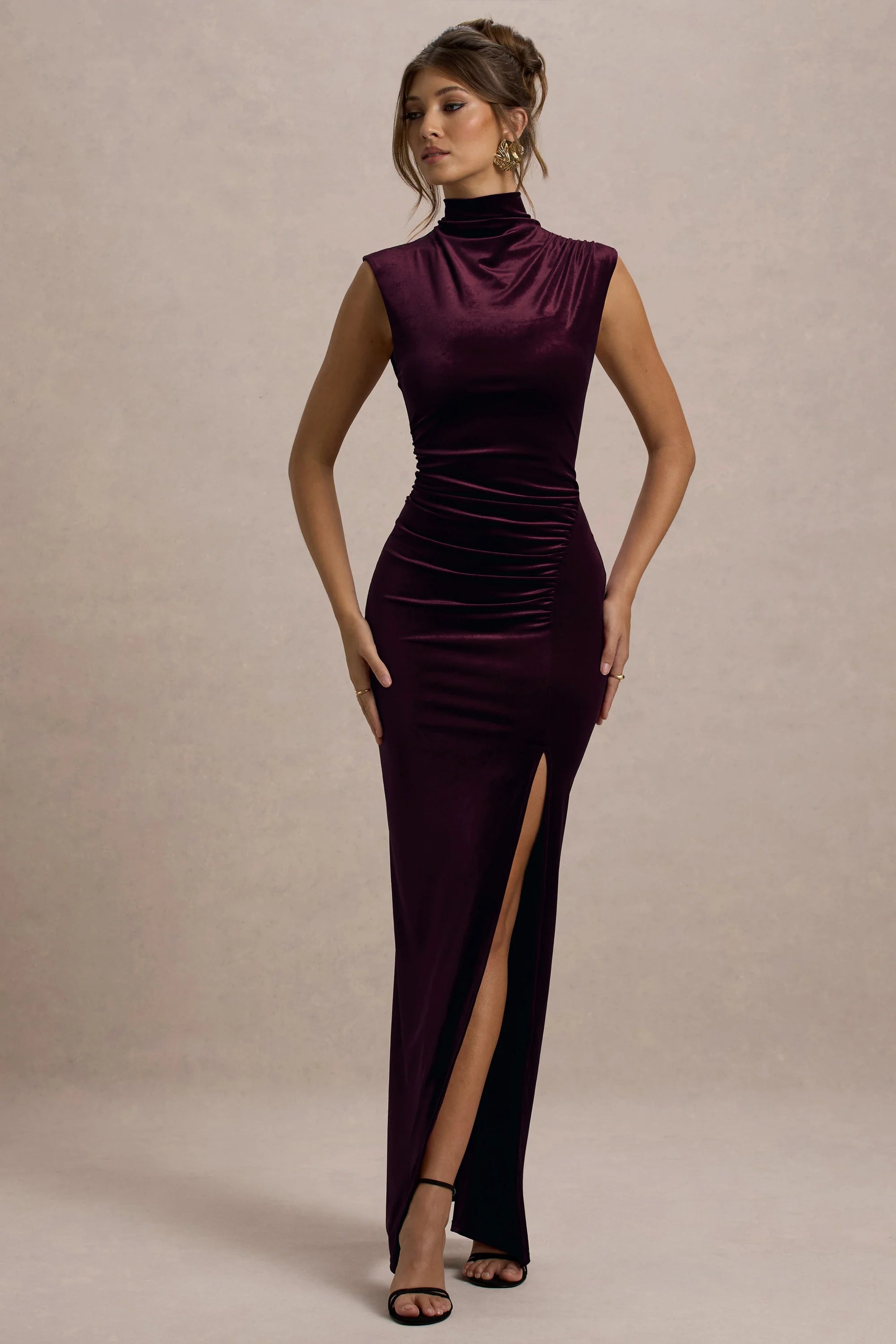 Abilene | Marine Velours Hoge Hals Split Maxi Jurk