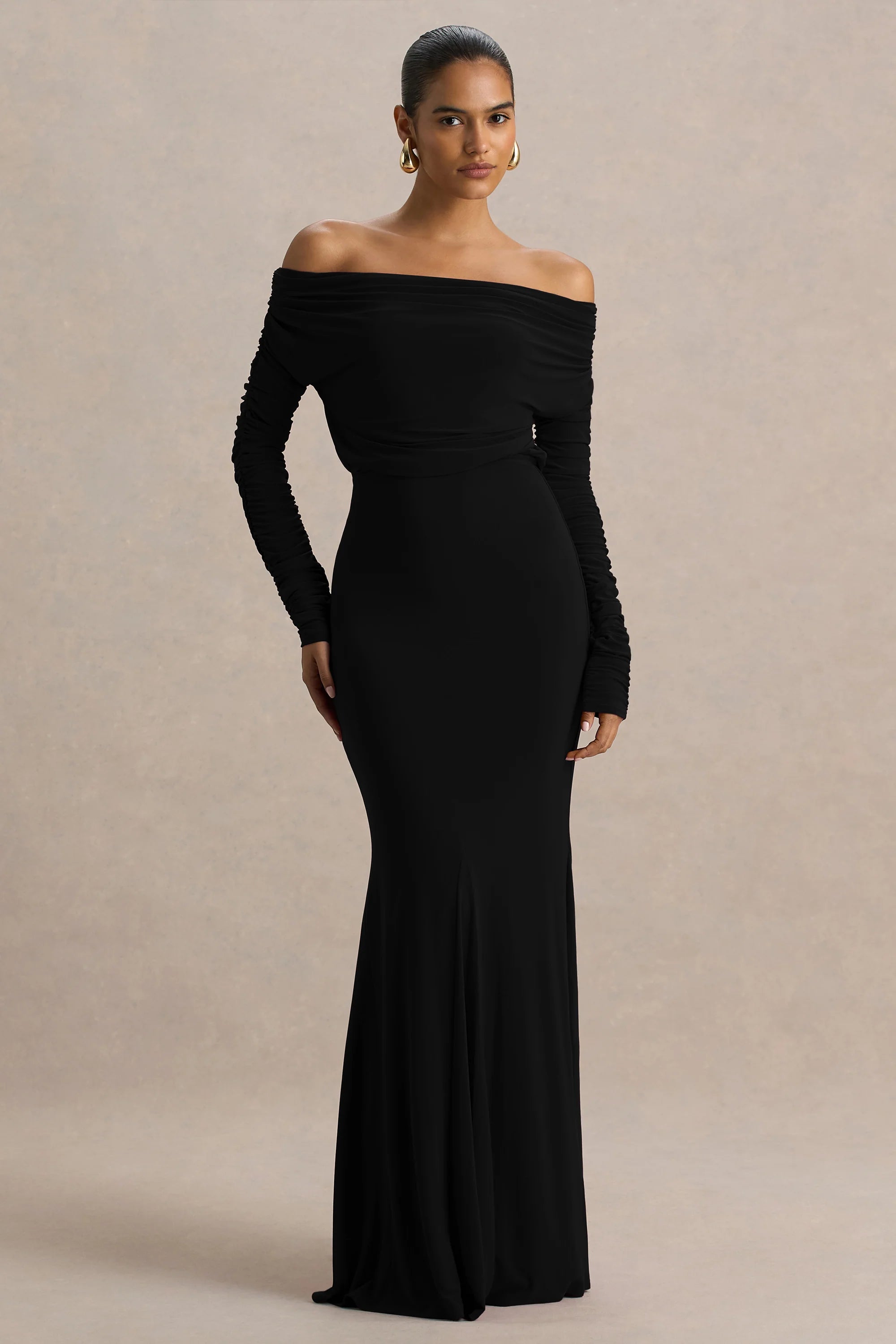 Cilla | Bordeaux Bardot Nek Maxi Jurk Met Gerimpeld Details