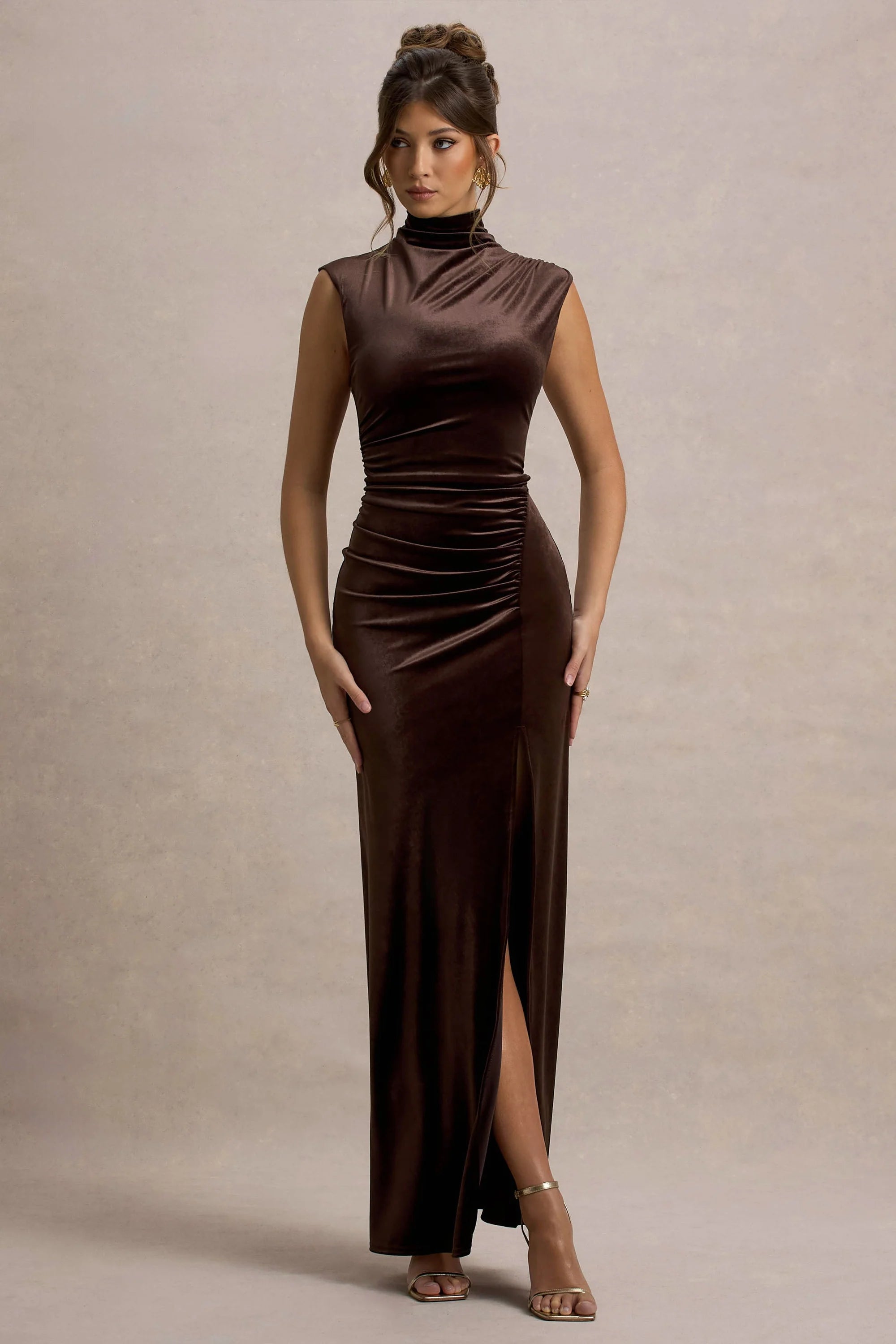 Abilene | Marine Velours Hoge Hals Split Maxi Jurk
