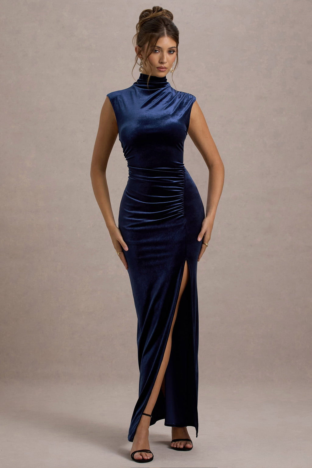 Abilene | Marine Velours Hoge Hals Split Maxi Jurk
