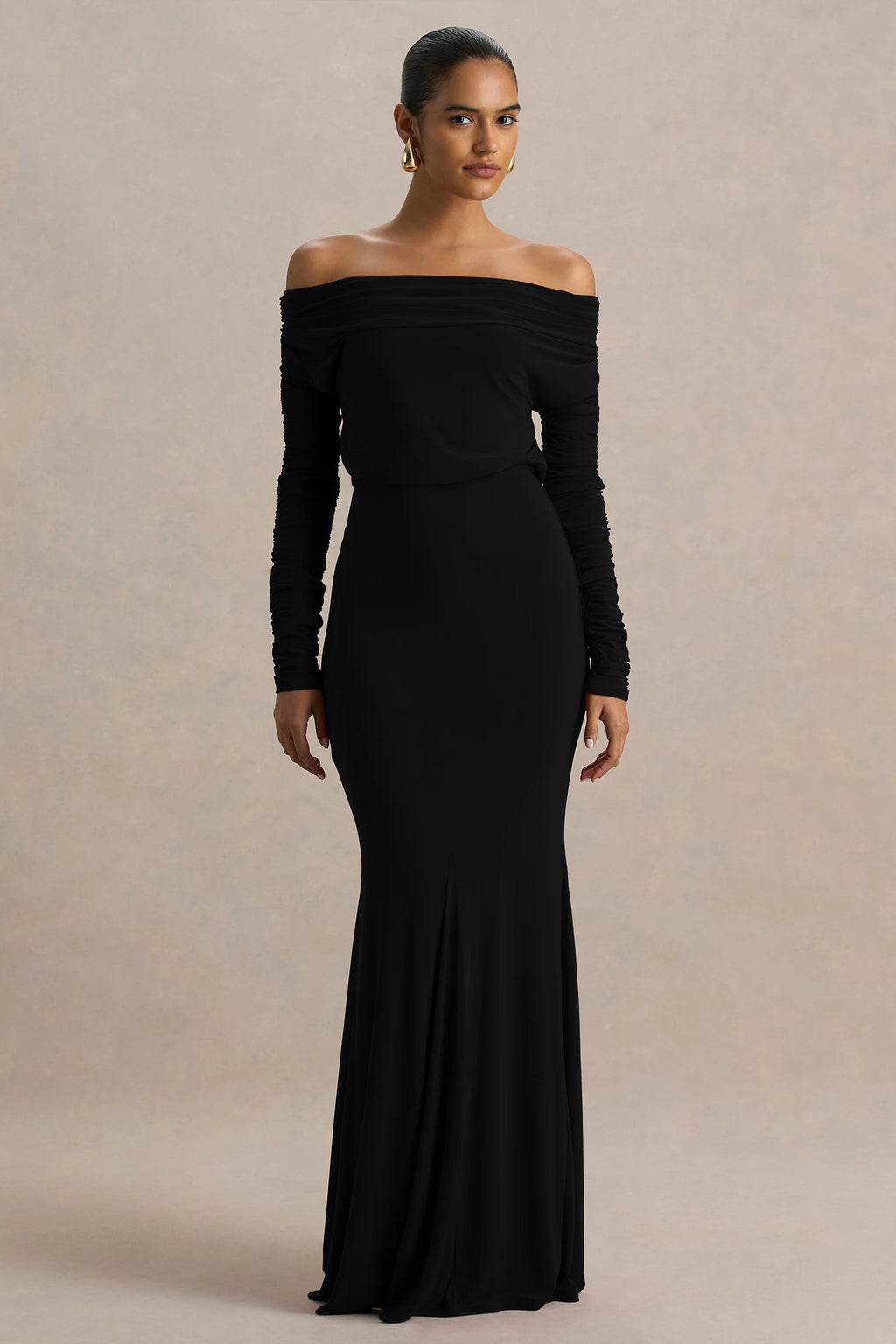 Cilla | Bordeaux Bardot Nek Maxi Jurk Met Gerimpeld Details