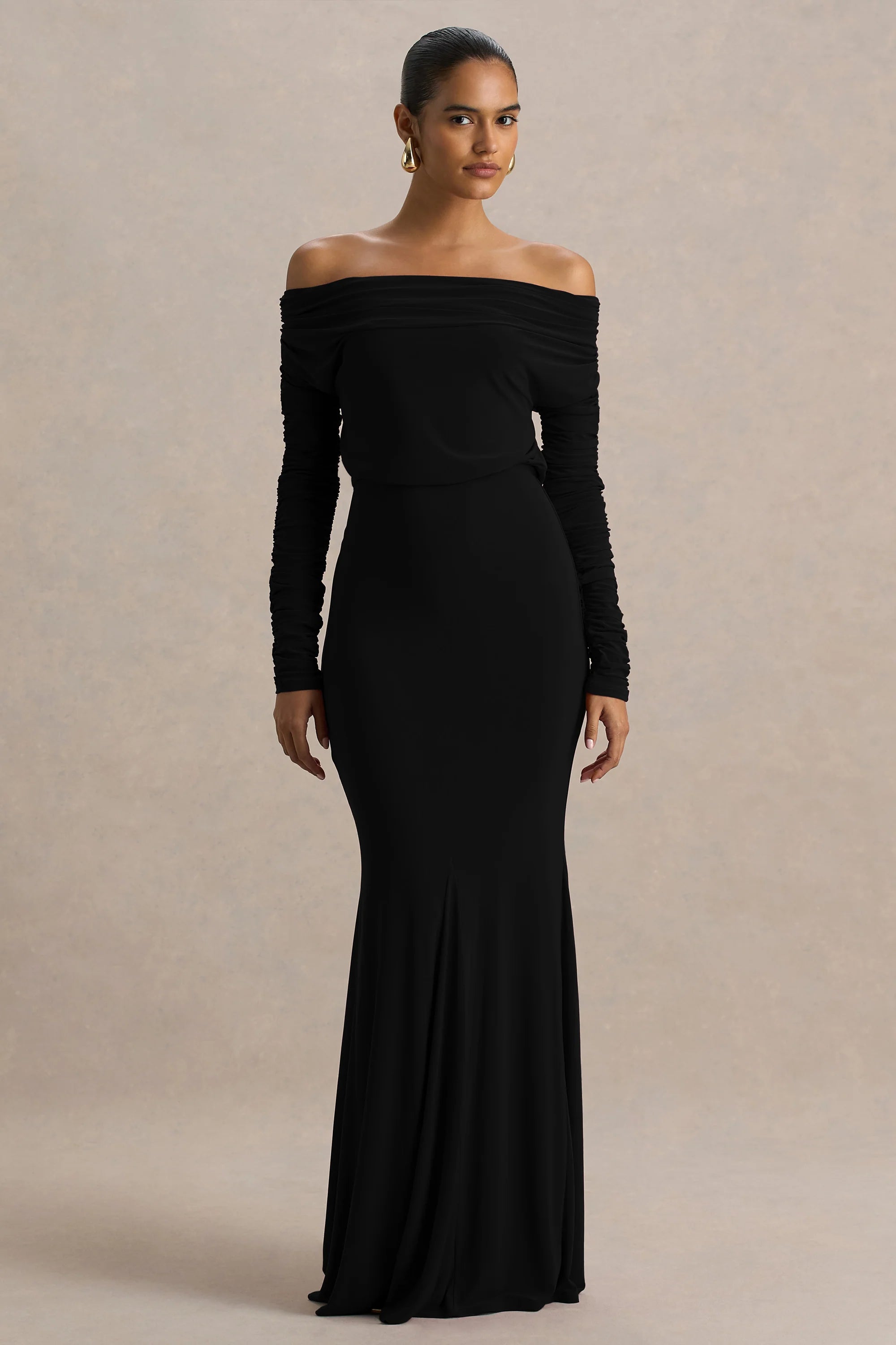 Cilla | Bordeaux Bardot Nek Maxi Jurk Met Gerimpeld Details