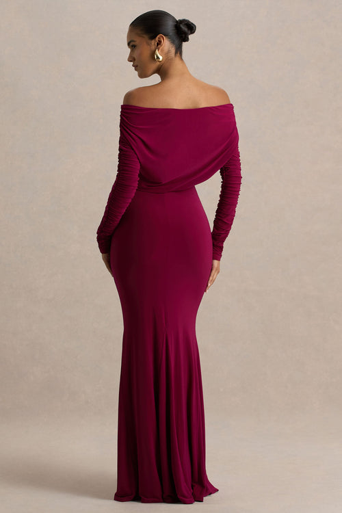 Cilla | Bordeaux Bardot Nek Maxi Jurk Met Gerimpeld Details