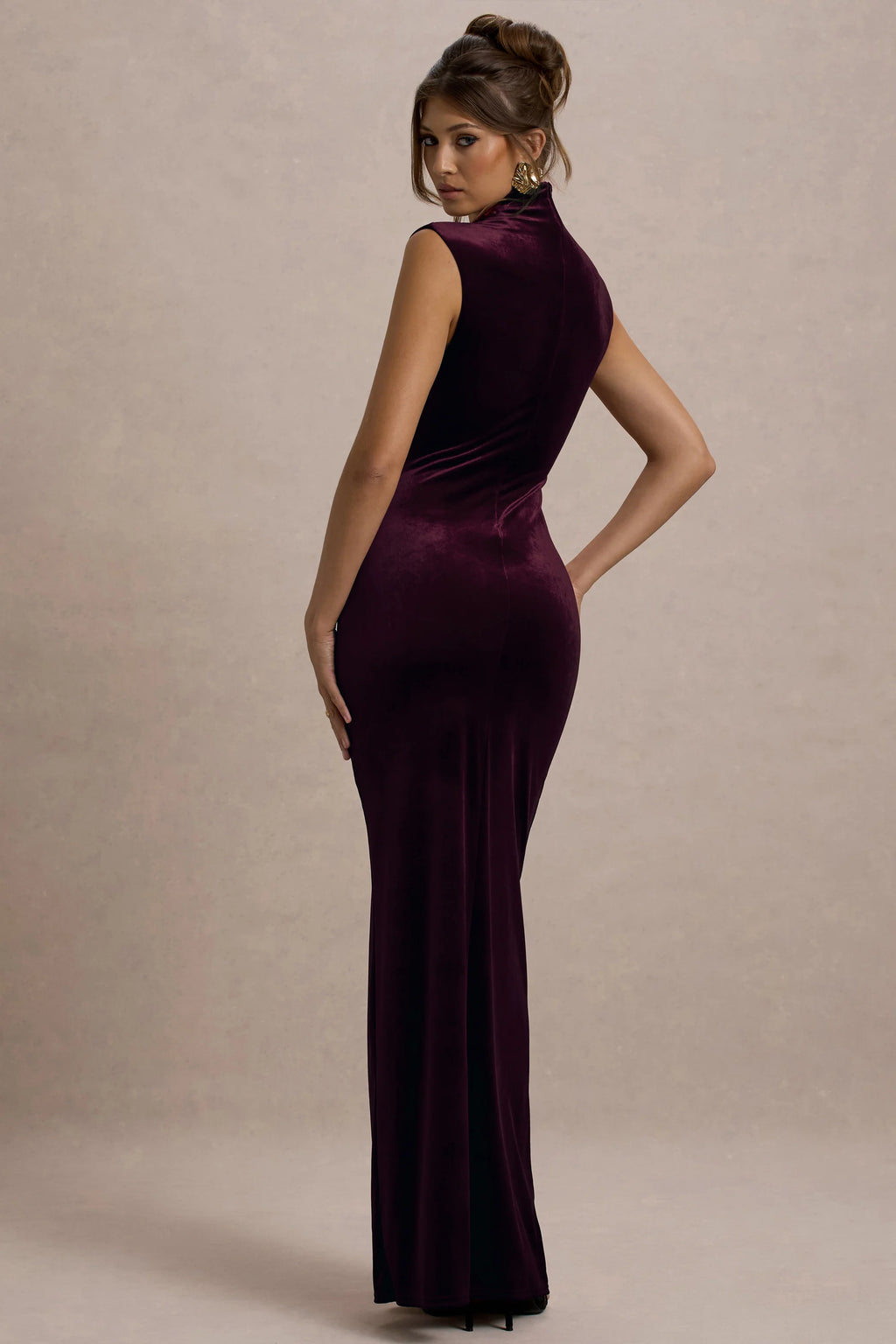Abilene | Marine Velours Hoge Hals Split Maxi Jurk